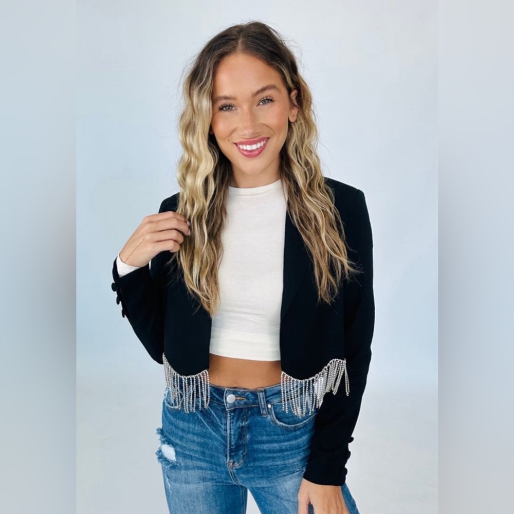 Savanna Jane Black Rhinestone Fringe Blazer